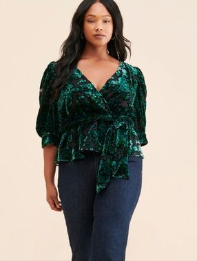 Anthropologie Hutch Green Floral Wrap Bianca Top, Velvet Burnout Blouse, Size 2X